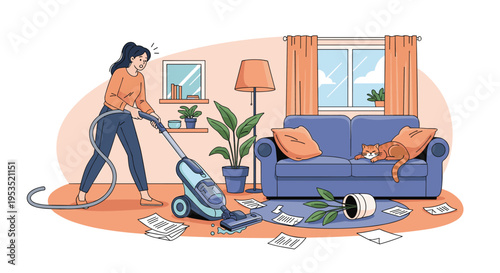 Young woman using blue vacuum cleaner to tidy up messy living room filled with scattered papers and knocked over plant pot.