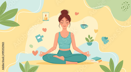 Woman doing yoga meditation in lotus pose. Self care, calm mind and mental health concept. Vector illustration for banner, poster, card
