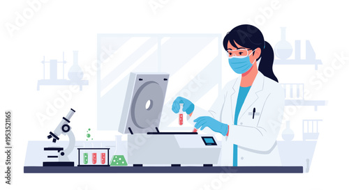 Woman medical scientist placing a blood sample into a centrifuge in a laboratory for research and analysis vector illustration