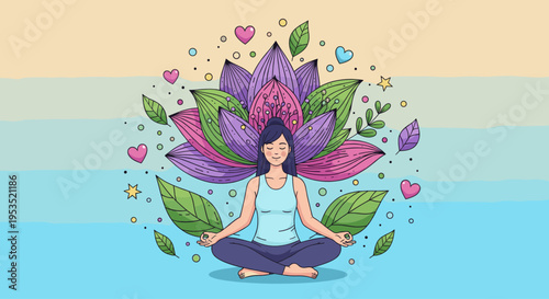 Woman meditating in lotus pose with colorful lotus flower and leaves. Calmness and relaxation concept. Harmony and yoga vector illustration