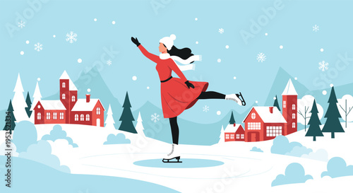 Young woman in red dress ice skating on frozen lake in beautiful winter village landscape with falling snowflakes and pine trees.