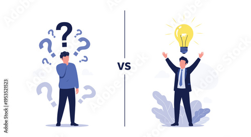Conceptual illustration comparing person feeling confused with question marks versus businessman having bright idea represented by lightbulb.