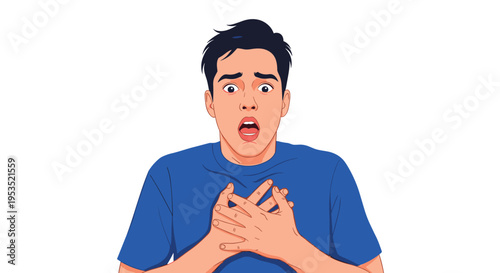 Close up portrait of young man with shocked facial expression and wide eyes looking surprised or frightened at something.