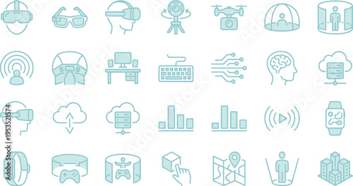 Collection of modern virtual reality augmented reality and technology icons in blue green hues