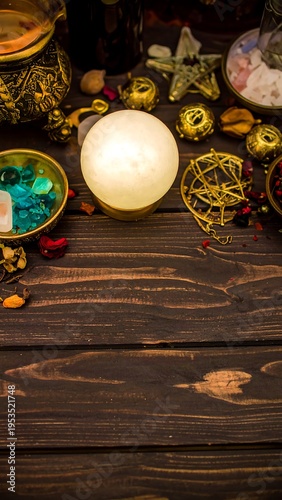 Close-up of mystic arrangement on dark wood. Lit sphere, ornate golden accents, bowls with crystals & dried petals create an inviting, enchanting scene