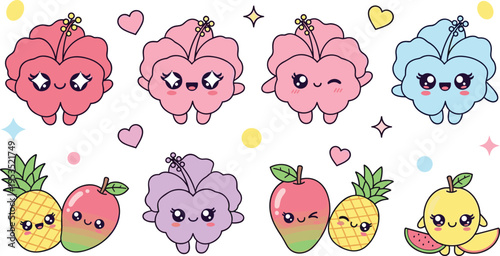Cute kawaii flowers and fruits vector set with smiling characters pineapple strawberry watermelon and pastel cartoon illustration