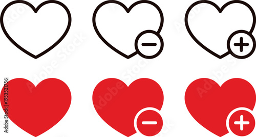 Heart icons vector with plus and minus symbols in outline and flat red styles