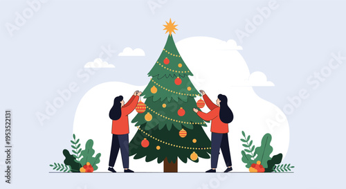 Two young women happily decorating large green Christmas tree with gold and red ornaments for festive holiday celebration.