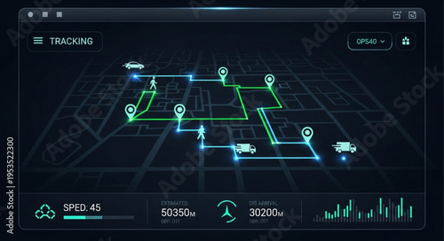 Futuristic Navigation Interface Displaying Route and Vehicle Data.