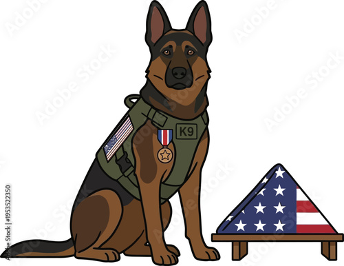 Patriotic K9 Unit Military Working Dog with Folded American Flag and Medal