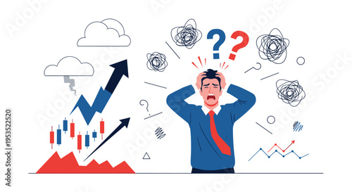 Stressed businessman in panic looking at falling financial charts with lightning and confusion symbols around his head.