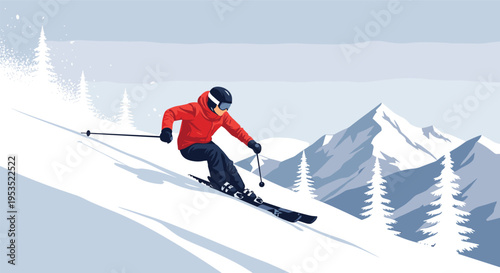 Professional skier in red jacket skiing fast down snowy mountain slope with pine trees in beautiful winter resort landscape.