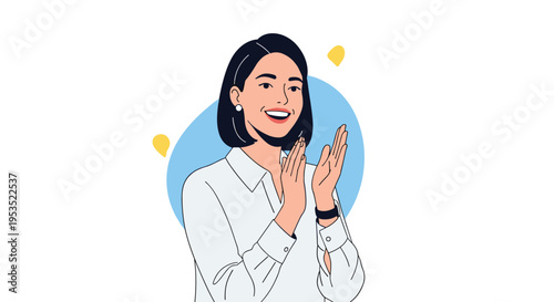 Cheerful young woman clapping her hands as sign of applause, appreciation, and celebration on light blue background.