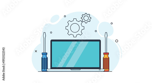 Computer repair and technical support concept showing laptop with tools like screwdrivers and gears representing maintenance service.