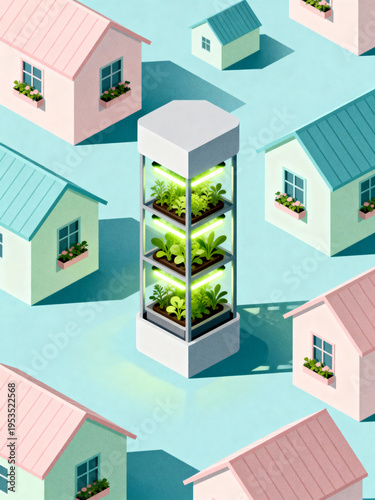 This scene showcases a tall indoor vertical garden filled with vibrant plants. The garden is centrally located among pastel-colored miniature houses, creating a whimsical and bright atmosphere