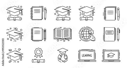 Set of hand drawn doodle icons representing various academic subjects and educational school tools Vector