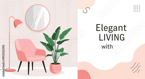 Interior design template for elegant living featuring a pink velvet armchair with a floor lamp and a large round mirror.