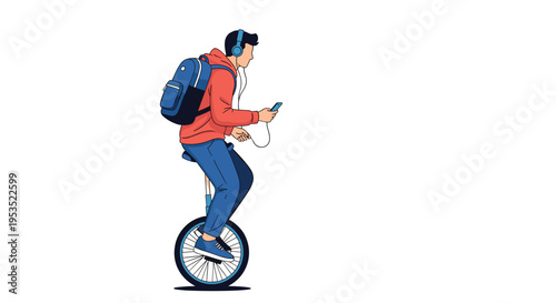 Young man riding a unicycle while wearing a backpack and headphones as he checks his smartphone on a white background.