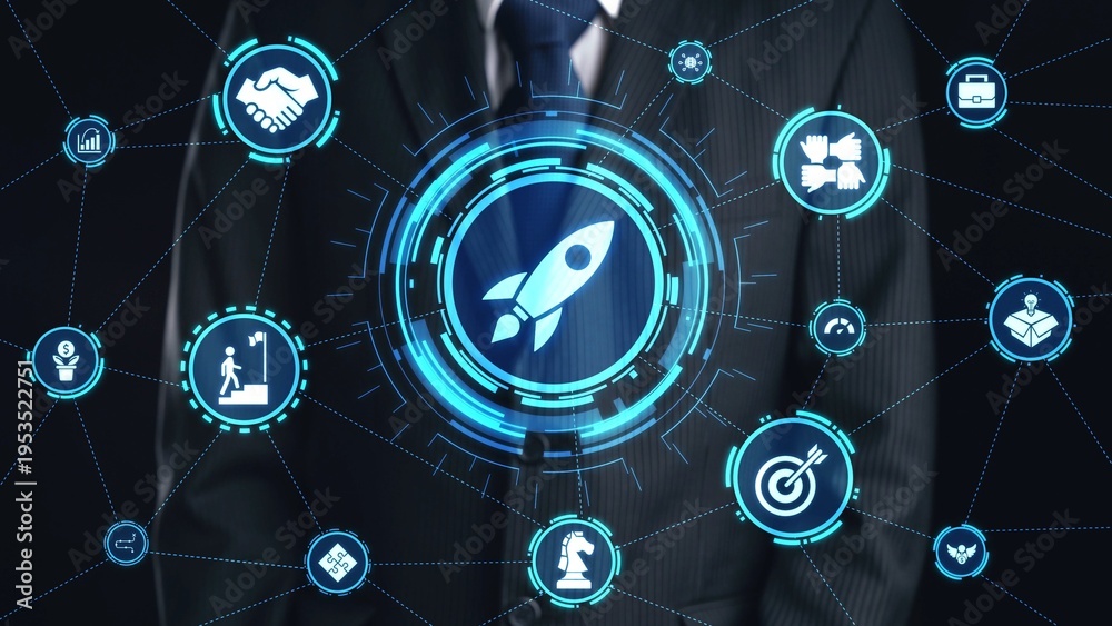 Fototapeta premium Startup launch and business growth concept, rocket symbolism, entrepreneurship, startup innovation, and early-stage success strategies for new business development and expansion. Spire