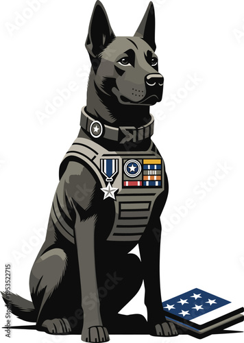 Proud illustration of a distinguished military service dog, adorned with medals, symbolizing unwavering loyalty, valor, and patriotic dedication to duty. A tribute to canine heroes