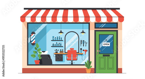 Barber shop exterior view with a classic striped awning and large window showing interior salon chairs and equipment.