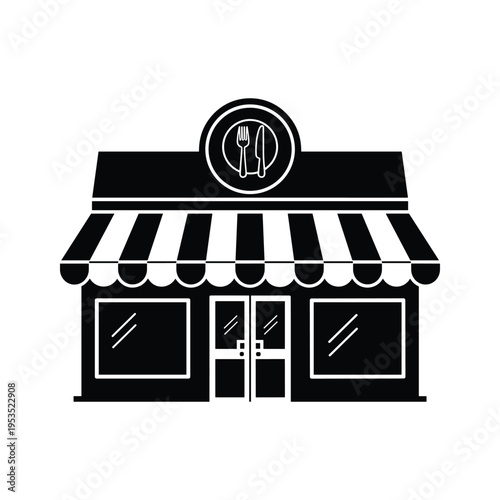 Restaurant shop icon, stylized building facade with awning and cutlery sign, black and white