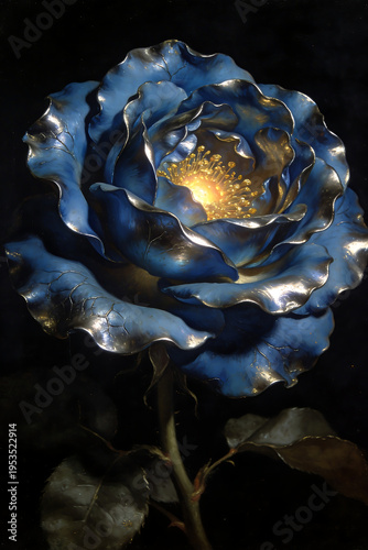 AI-Generated Metallic Blue Rose with Golden Glow Center – Dramatic Fantasy Flower Close-Up