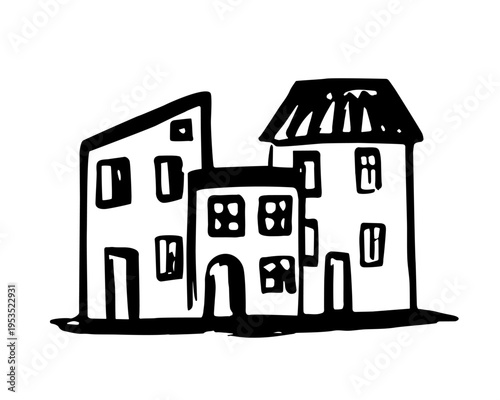 House doodle sketch minimalist style, hand drawn sweet home cozy place residence, building for living rent estate realty concept, hut or cabin architectural design element. Isolated. Vector