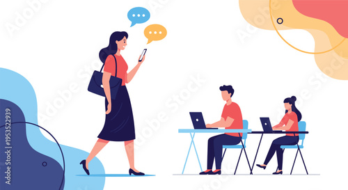 Businesswoman checking her phone while walking through an office where colleagues are working at their laptops.