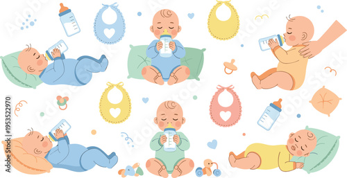 Baby Bottle Feeding Collection with Newborn Infants Drinking Milk Sleeping and Resting with Nursery Elements in Cartoon Vector Illustration Style.