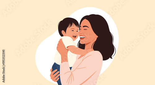 Loving mother holding and laughing with her happy baby against a soft neutral background with white circle.