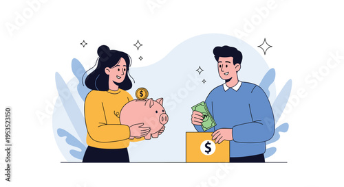 Couple saving money together with a pink piggy bank and a donation box for future financial goals and security.