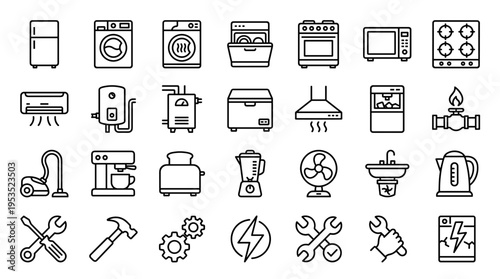 Set of home appliances and repair tools icons for kitchen and maintenance services
