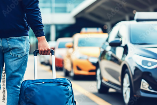 Taxi airport. Man holding blue suitcase walks towards line of taxis outside an airport terminal, with various vehicles visible in background under modern architectural structure