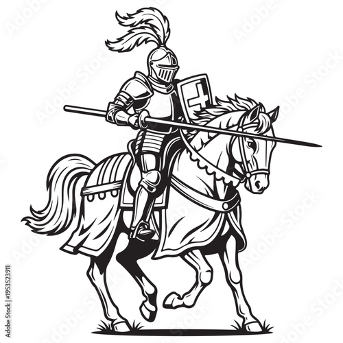 Medieval knight in full plate armor riding a galloping warhorse and holding a long lance, classic jousting tournament or battlefield scene, bold black and white vector illustration.