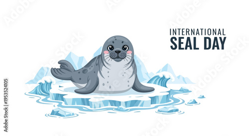 A cartoon seal sitting on an ice floe with melting ice and mountains in the background, celebrating International Seal Day with a vector illustration design for conservation awareness.