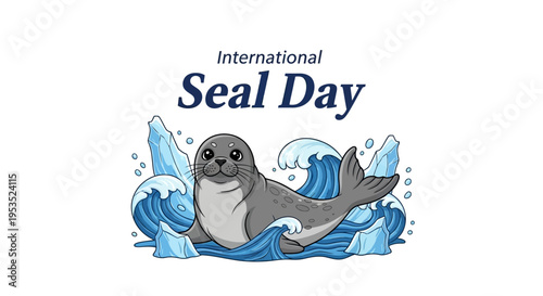 Vector illustration of a seal on waves and ice for International Seal Day design or awareness campaign with a conservation theme.