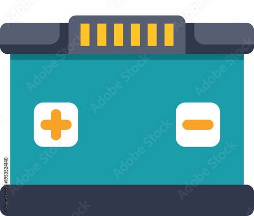 Car battery with positive and negative terminals displaying power and charge level