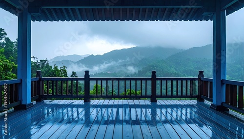 Misty Mountain Landscape View from a Serene Rainy Balcony.