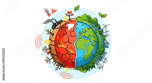 Conceptual illustration on climate change and global warming, contrasting a thriving Earth with a barren, polluted half, representing the environmental crisis