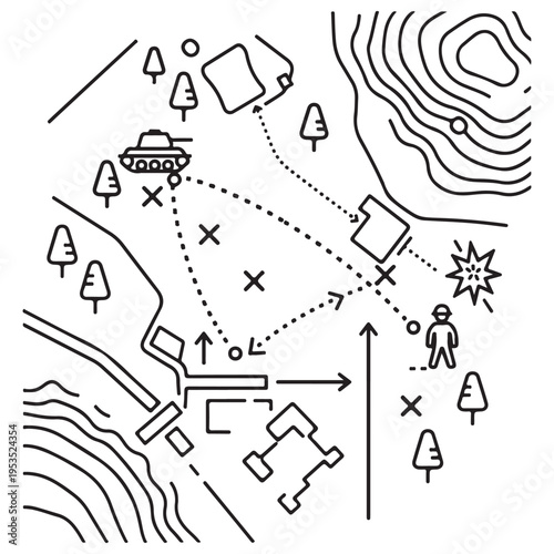 Military Tactical Battle Plan Illustration Showing Strategic Tank Maneuvers, Troop Movement, and Target Objectives on a Topographic Map Schematic with Minimalist Black Line Art Style.