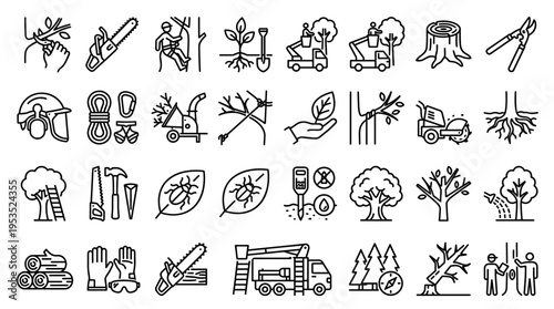 Arborist and Tree Service Line Icon Set for Forestry and Landscaping Maintenance