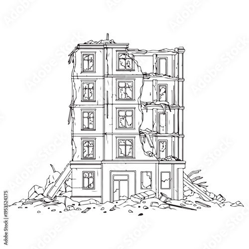 Detailed Line Art Illustration of a Ruined Multi-Story Apartment Building Standing Amidst Rubble and Debris, Representing War Destruction, Natural Disaster Aftermath, and Urban Decay.