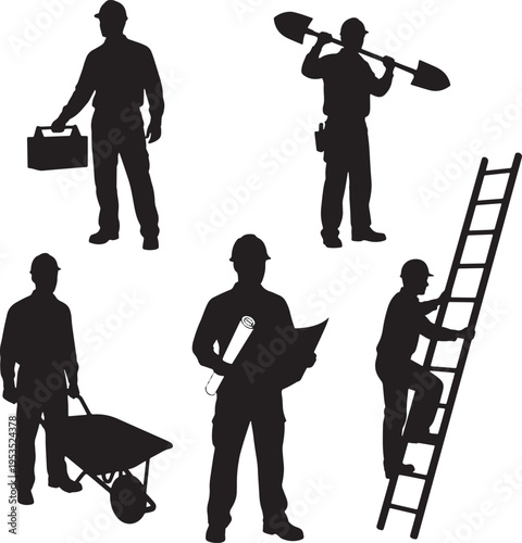 Dynamic silhouettes of skilled construction and labor workers showcasing diverse essential roles and tools in the building and development industry, symbolizing teamwork and productivity