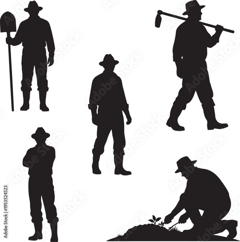 Collection of diverse silhouettes depicting a farmer engaged in various agricultural and gardening activities, labor and cultivation practices essential for food production and land management