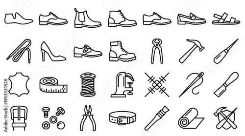 Shoemaking and leather craft line icons set