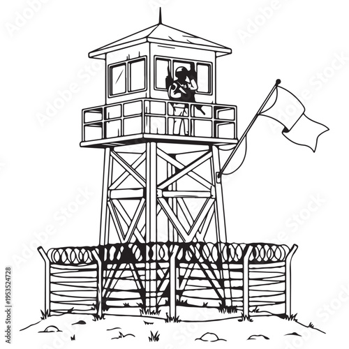 Military watchtower with armed guard standing watch over a barbed wire fence perimeter, hand-drawn black and white line art illustration representing border security and surveillance.