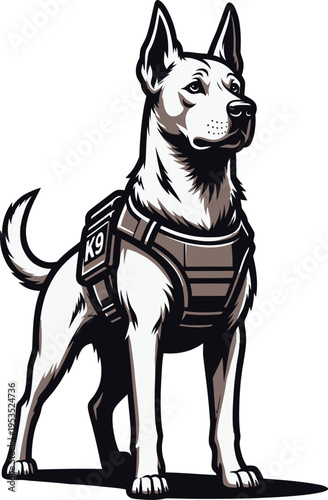 Dynamic illustration of a K9 service dog wearing a tactical vest, showcasing its readiness, strength, and dedicated service in protection and security roles