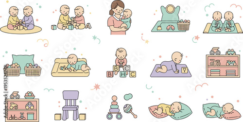 Baby Daily Activities Illustration Set with Playing Crawling Feeding Sleeping and Parenting Moments for Newborn Care Routine Nursery Vector Design.