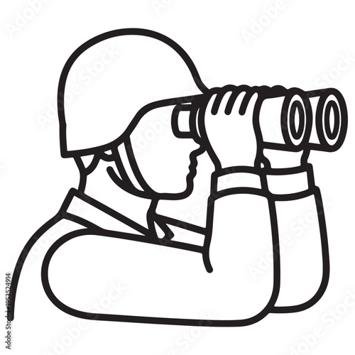 Military soldier in helmet looking through binoculars for surveillance, isolated on a white background as a minimalist line art icon, clean black and white vector illustration for strategic scouting.
